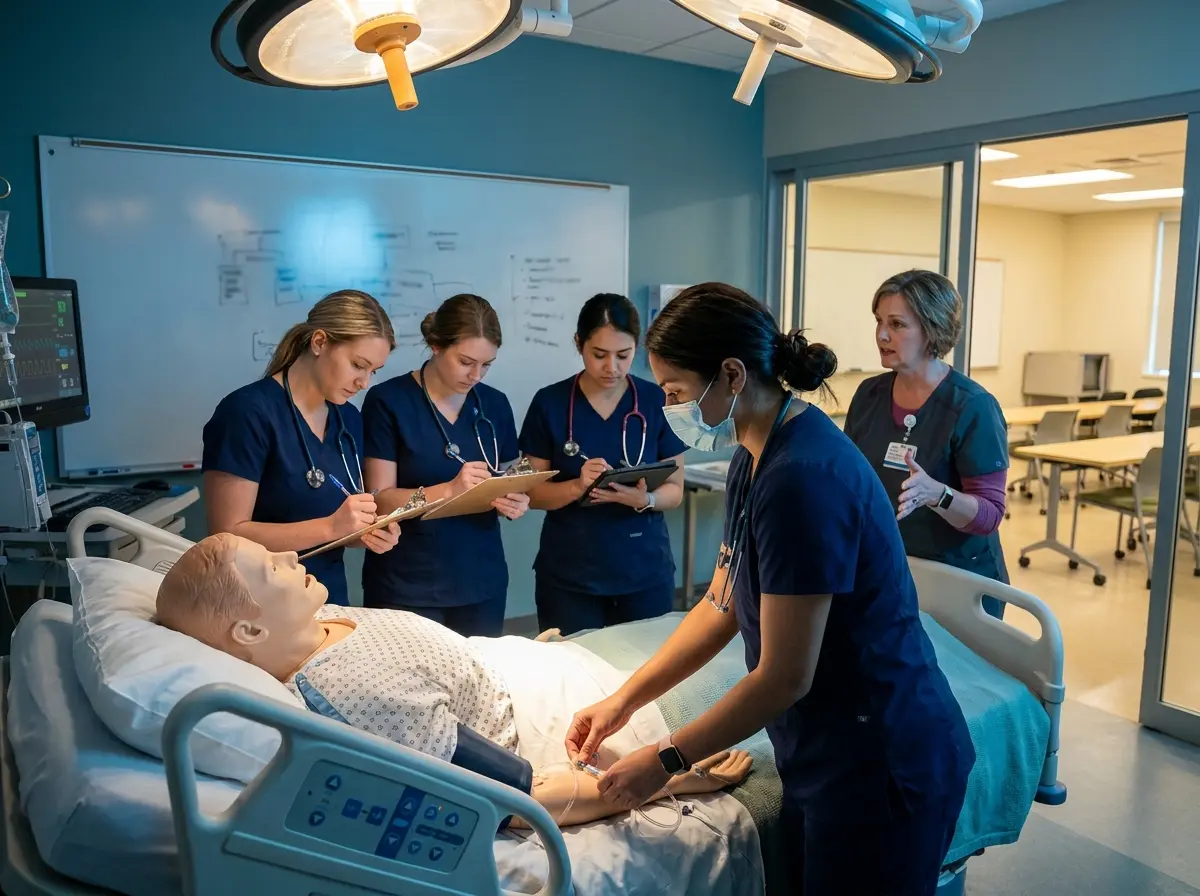 A residency brings new grads together as a cohort, mixing classroom instruction, simulation, and supervised clinical practice over several months.