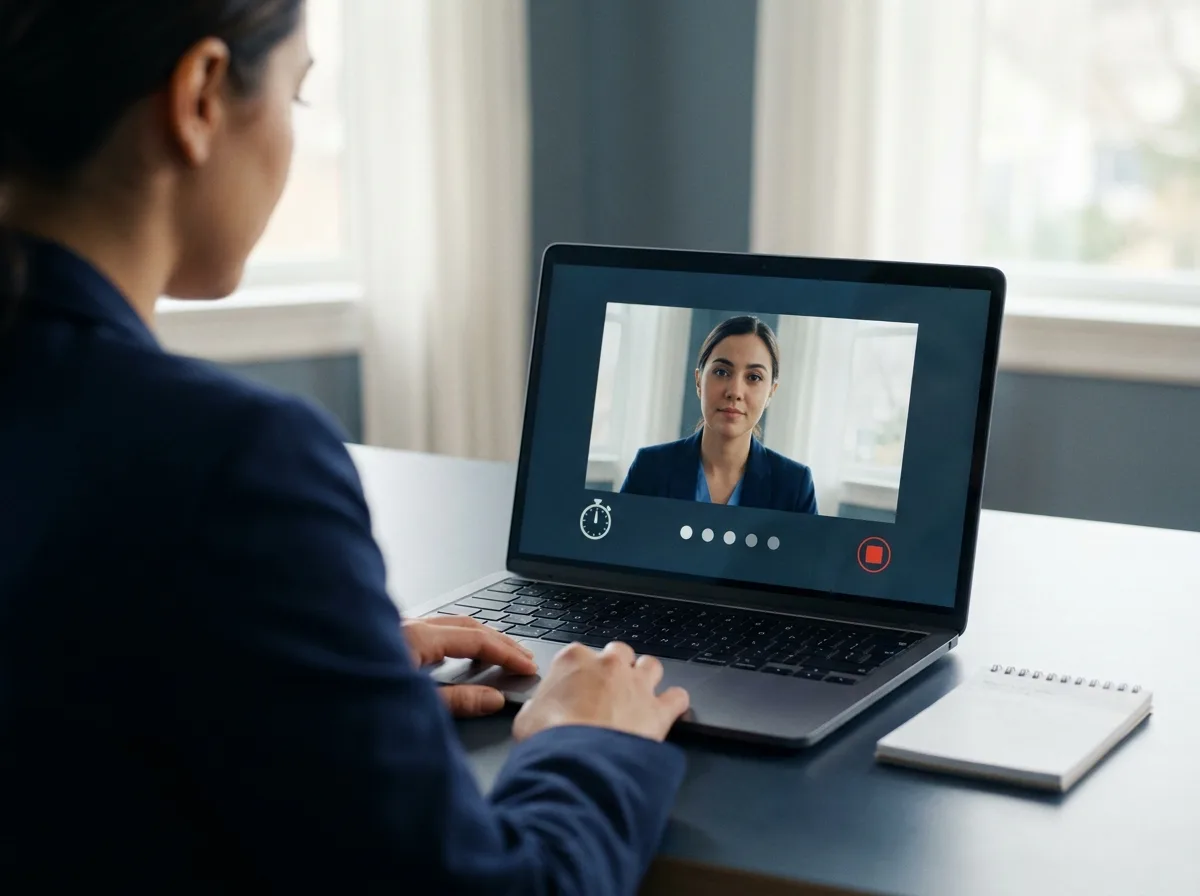 Each question gives you a short prep window, then a timed recording, with no live interviewer on the other end.