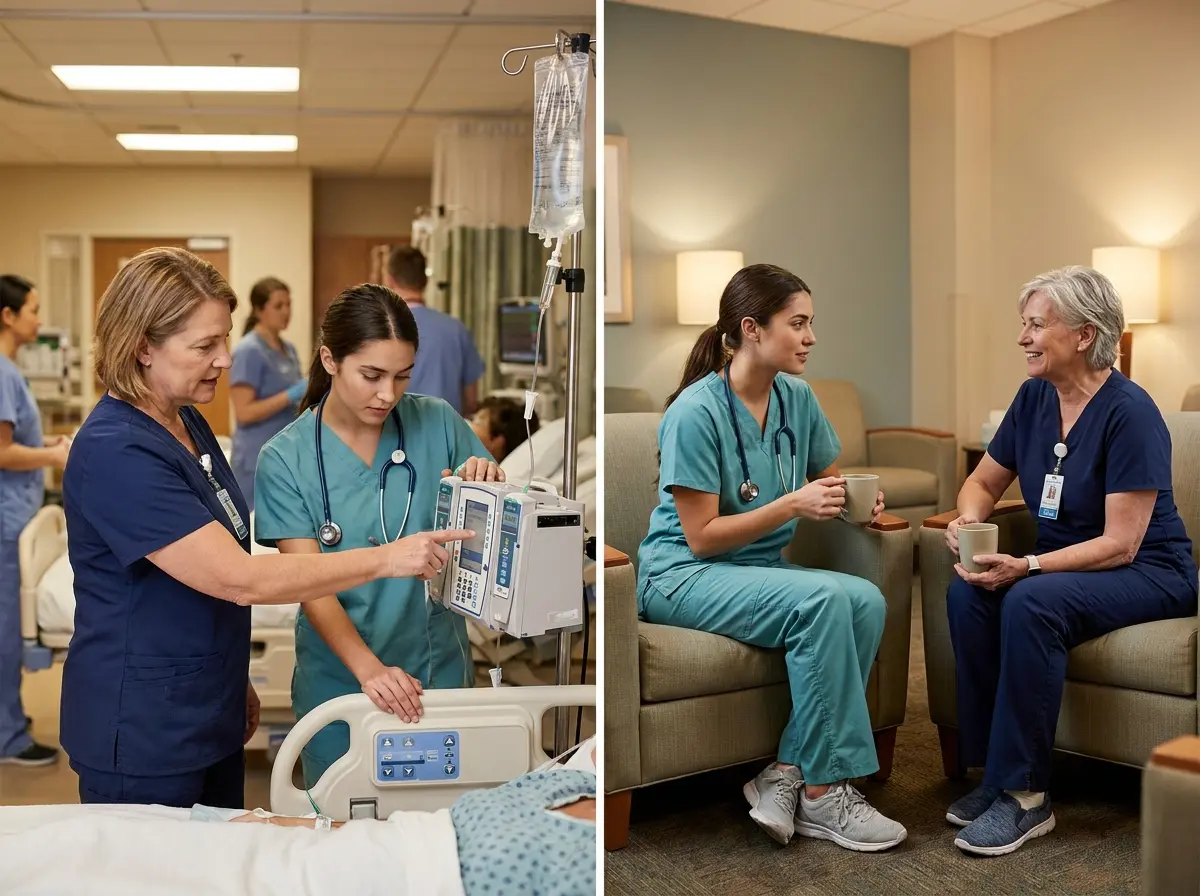 Your preceptor works beside you on shift; your mentor checks in on how the transition is going for you personally.