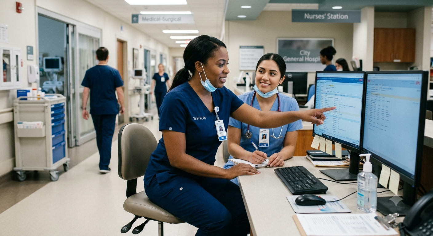 Two nurses supporting each other on the unit